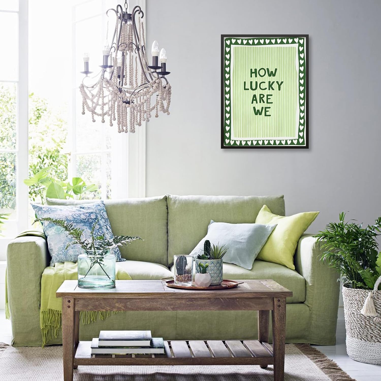 Retro How Lucky Are We Black Framed Wall Art Green Striped Positive Inspirational Quote Canvas Prints Trendy Preppy Aesthetic Posters 20x30in for Living Room Bedroom Dorm Home Decor
