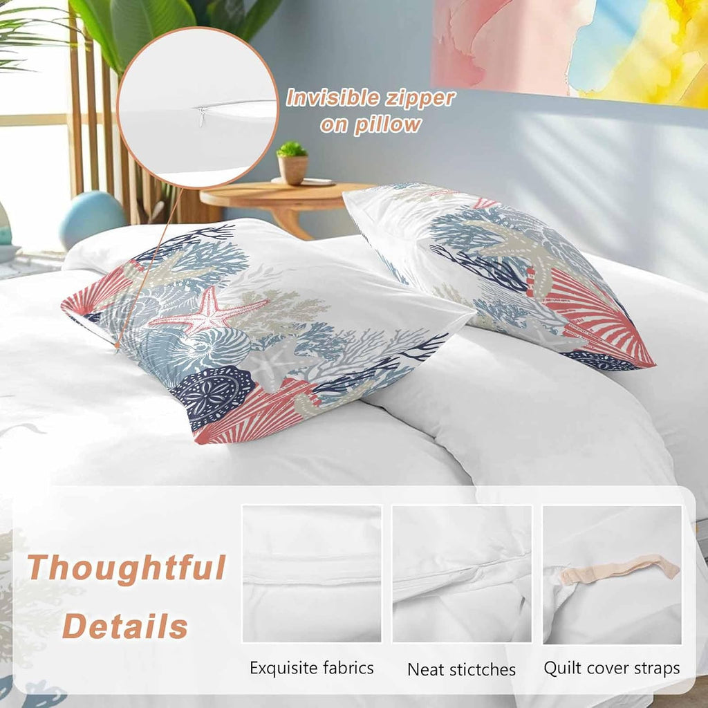 Summer Marine Life Duvet Cover Set Queen Size 4 Pieces Ocean Coral Coastal Starfish Blue Conch Bedding Set with Zipper Closure, 1 Comforter Cover 90x92 Inches 1 Flat Sheet & 2 Pillow Cases