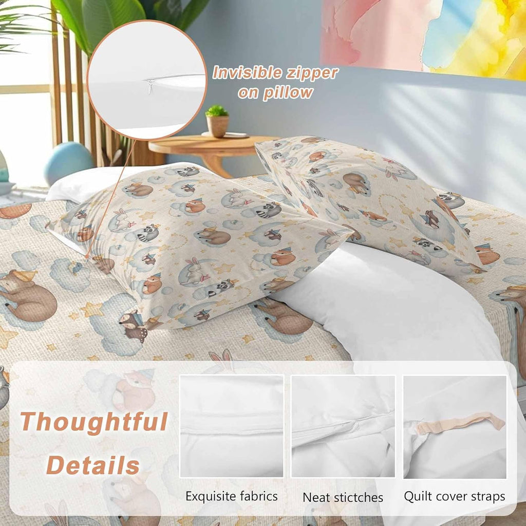 Cartoons Animals Duvet Cover Set Queen Size 4 Pieces Watercolor Fox Sleeping Raccoon Cute Rabbit Bedding Set with Zipper Closure, 1 Comforter Cover 86x86 Inches 1 Flat Sheet & 2 Pillow Cases