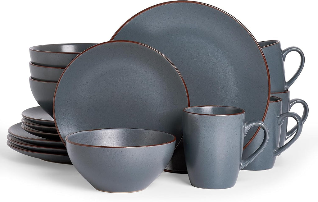 Famiware Venus 16-Piece Stoneware Dinnerware Sets with Mugs, Plates, Bowls, Service for 4, Matte Charcoal - Modern Ceramic Chip‑Resistant Dishes for Everyday & Formal Use, Microwave & Dishwasher Safe