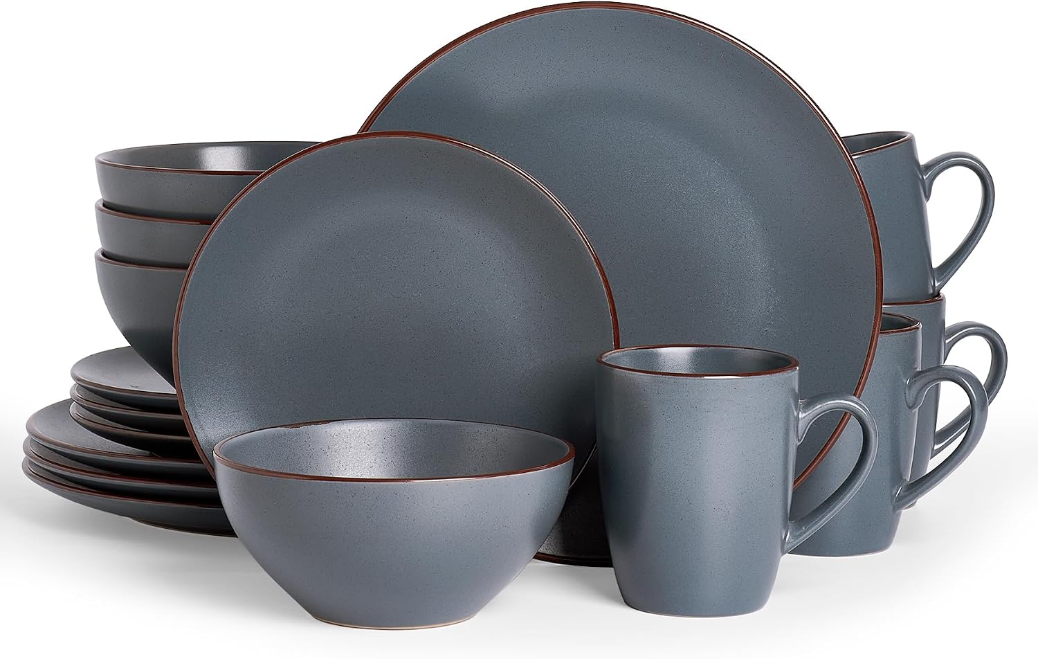 Famiware Venus 16-Piece Stoneware Dinnerware Sets with Mugs, Plates, Bowls, Service for 4, Matte Charcoal - Modern Ceramic Chip‑Resistant Dishes for Everyday & Formal Use, Microwave & Dishwasher Safe