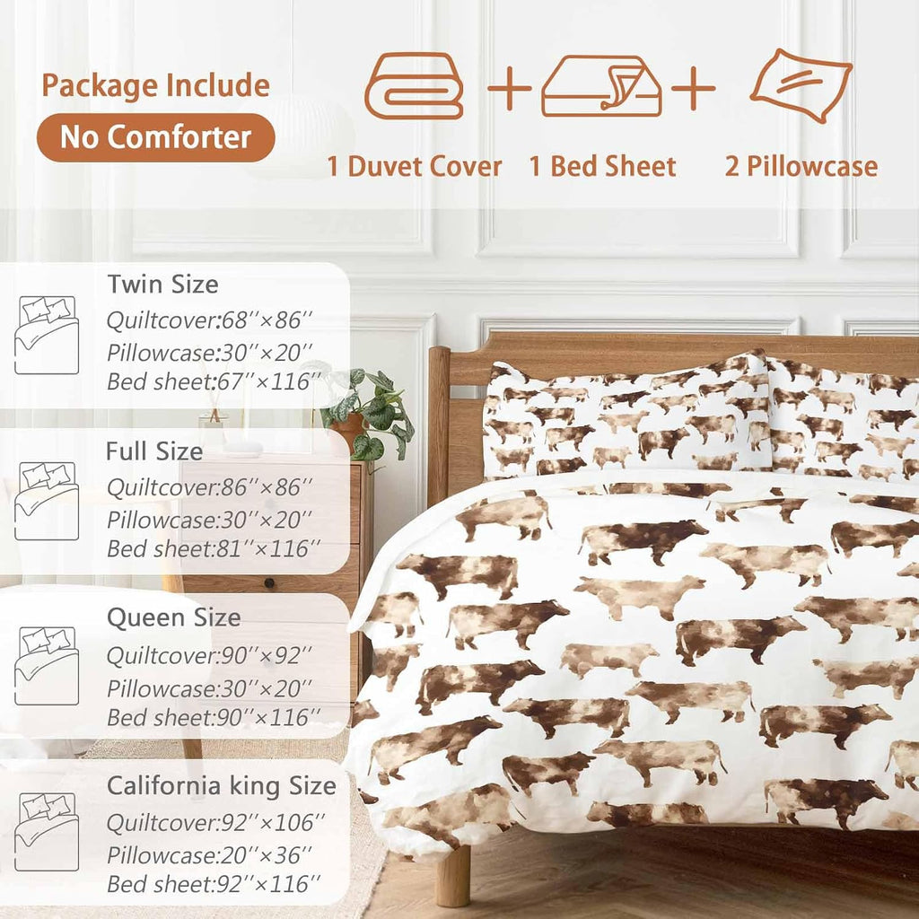 Prime Leader Farmhouse Cow Duvet Cover Set Queen Size 4 Pieces Watercolors Beige Brown Rustic Farm Animal Bedding Set with Zipper Closure, 1 Comforter Cover 86x86 Inches 1 Flat Sheet & 2 Pillow Cases