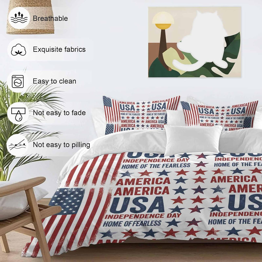 Independence Day Duvet Cover Set Queen Size 4 Pieces Retro American USA Flag Red Stripes Abstract Bedding Set with Zipper Closure, 1 Comforter Cover 86x86 Inches 1 Flat Sheet & 2 Pillow Cases