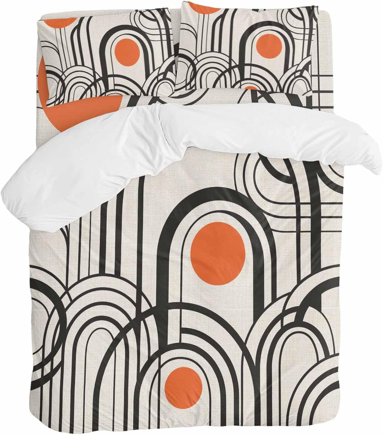 Black Orange Duvet Cover Set Queen Size 4 Pieces Abstract Line Boho Minimalist Mid Century Arch Geometric Bedding Set with Zipper Closure, 1 Comforter Cover 86x86 Inches 1 Flat Sheet & 2 Pillow Cases