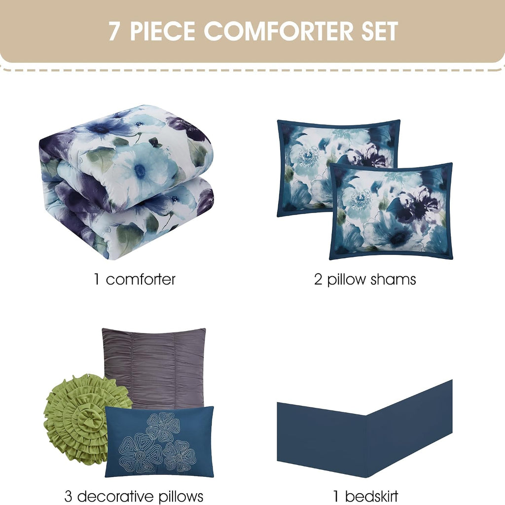 Stratford Park Colorful 7 Piece Comforter Set, Blue/Purple, Bed Size California King, Wonderful, Matching Bedskirt, Pillows & Shams