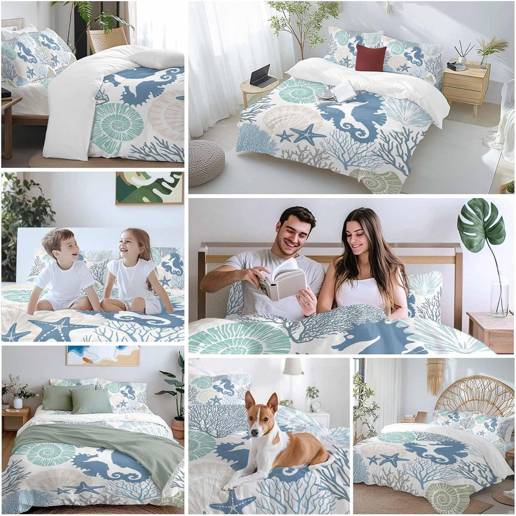 Blue Ocean Seahorse Duvet Cover Set Queen Size 4 Pieces Nautical Sea Watercolor Teal Shells Coral Starfish Bedding Set with Zipper Closure,1 Comforter Cover 92x106 Inches 1 Flat Sheet & 2 Pillow Cases