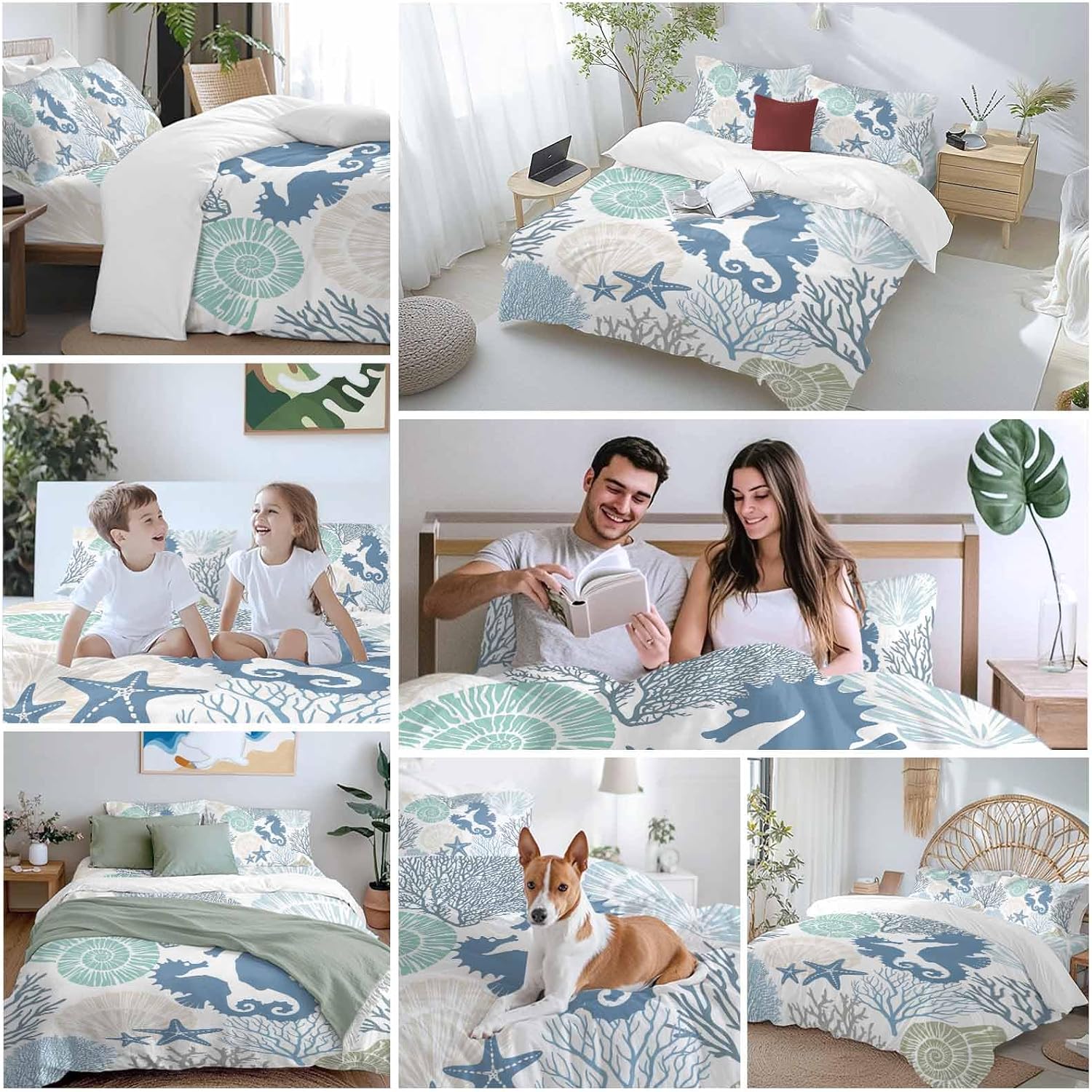 Blue Ocean Seahorse Duvet Cover Set Queen Size 4 Pieces Nautical Sea Watercolor Teal Shells Coral Starfish Bedding Set with Zipper Closure, 1 Comforter Cover 86x86 Inches 1 Flat Sheet & 2 Pillow Cases