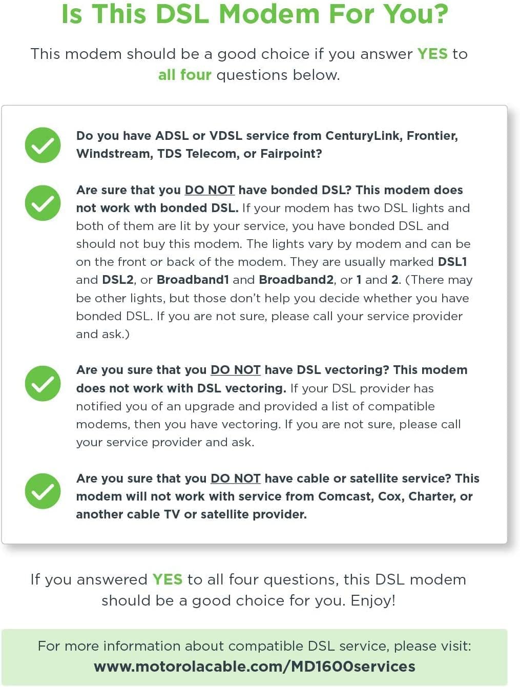 MOTOROLA VDSL2/ADSL2+ Modem + WiFi AC1600 Gigabit Router, Model MD1600, for Non-Bonded, Non-Vectoring DSL from Frontier and Some Other DSL Providers (Renewed)