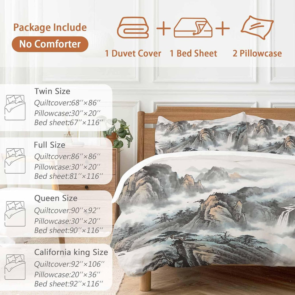 Prime Leader Mountain Cloud Duvet Cover Set Queen Size 4 Pieces Tree Water Ink Painting Chinese Wind Bedding Set with Zipper Closure, 1 Comforter Cover 92x106 Inches 1 Flat Sheet & 2 Pillow Cases
