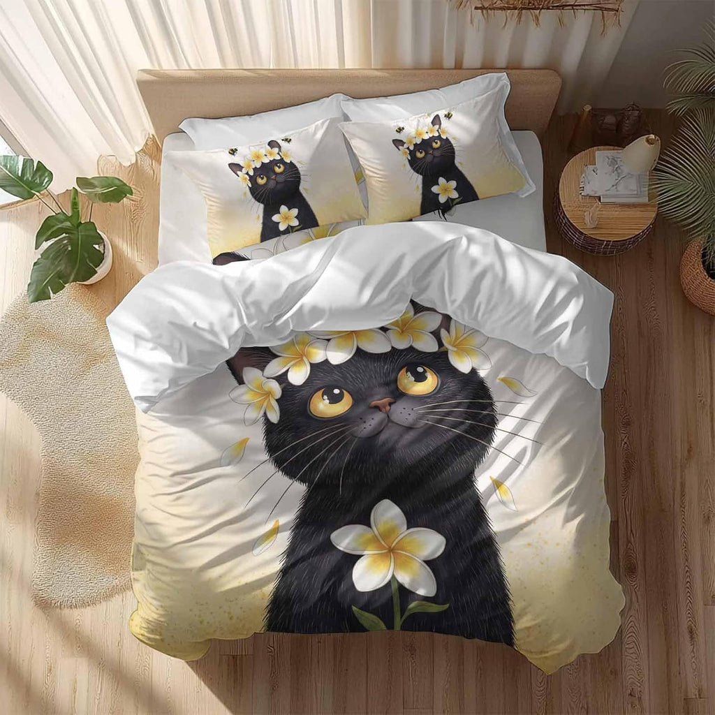 Prime Leader Cute Black Cat Duvet Cover Set Queen Size 4 Pieces Yellow Flower Bee Country Style Fields Bedding Set with Zipper Closure, 1 Comforter Cover 86x86 Inches 1 Flat Sheet & 2 Pillow Cases