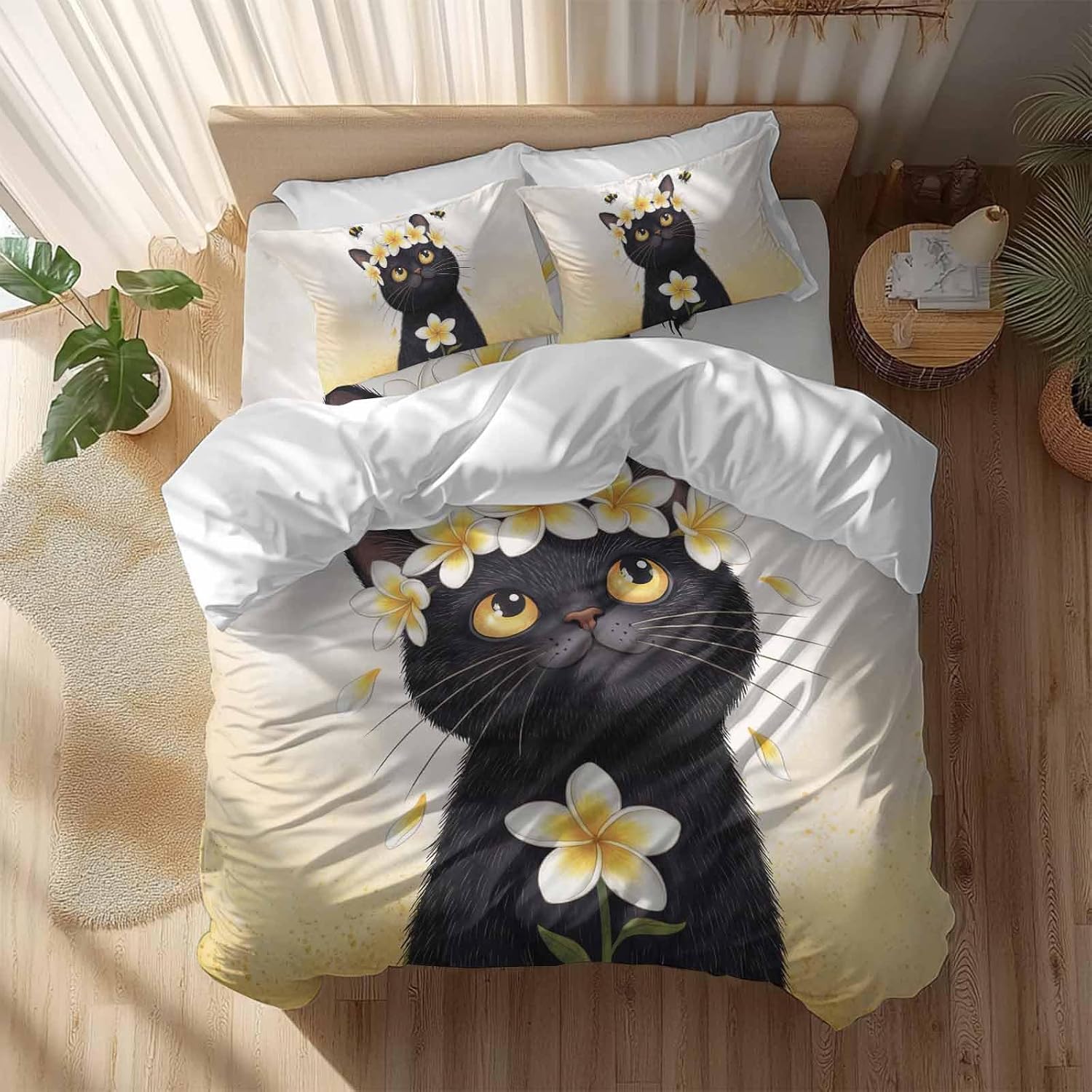 Prime Leader Cute Black Cat Duvet Cover Set Queen Size 4 Pieces Yellow Flower Bee Country Style Fields Bedding Set with Zipper Closure, 1 Comforter Cover 92x106 Inches 1 Flat Sheet & 2 Pillow Cases