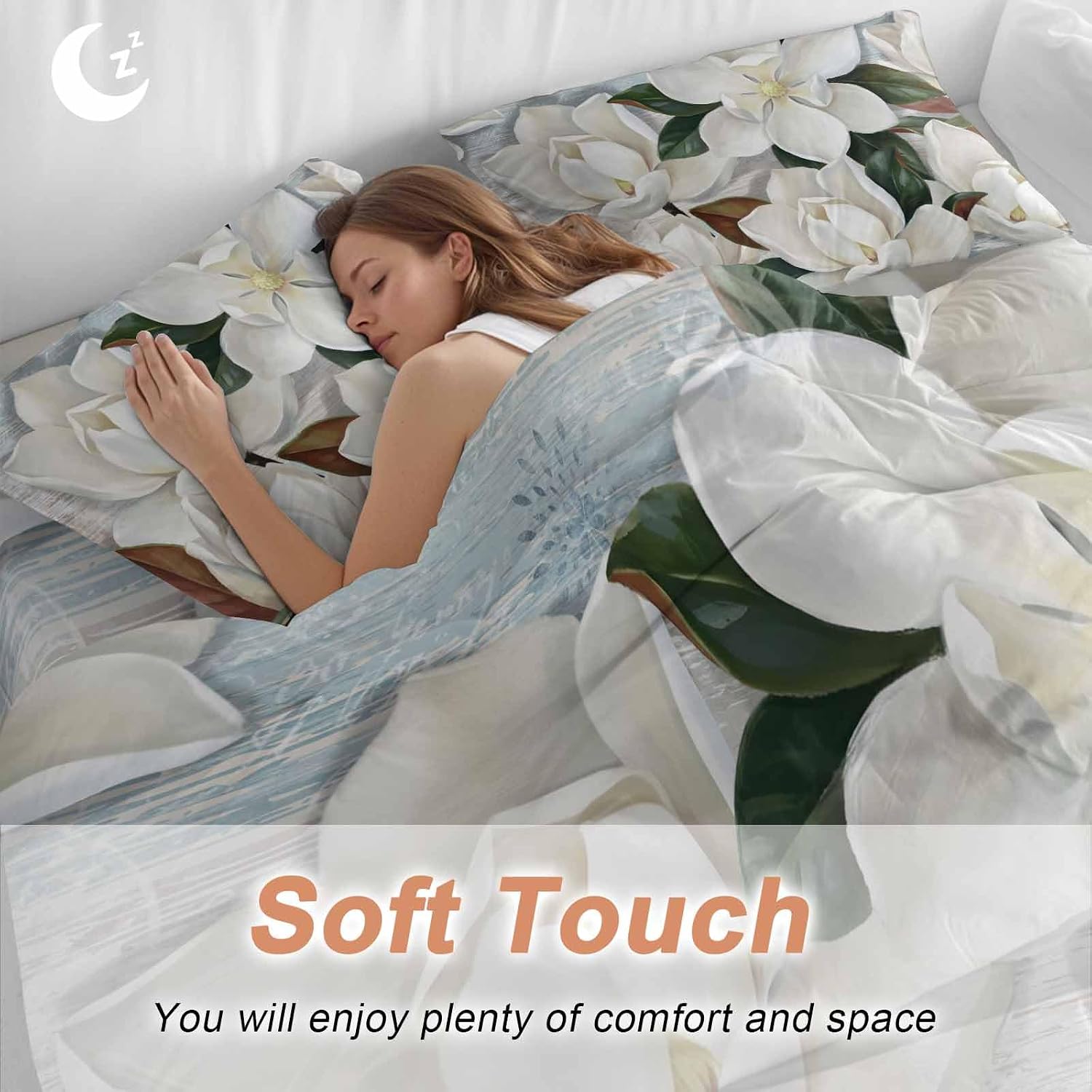 White Floral Duvet Cover Set Queen Size 4 Pieces Spring White Magnolia Vintage Plants Farmhouse Rustic Bedding Set with Zipper Closure, 1 Comforter Cover 90x92 Inches 1 Flat Sheet & 2 Pillow Cases