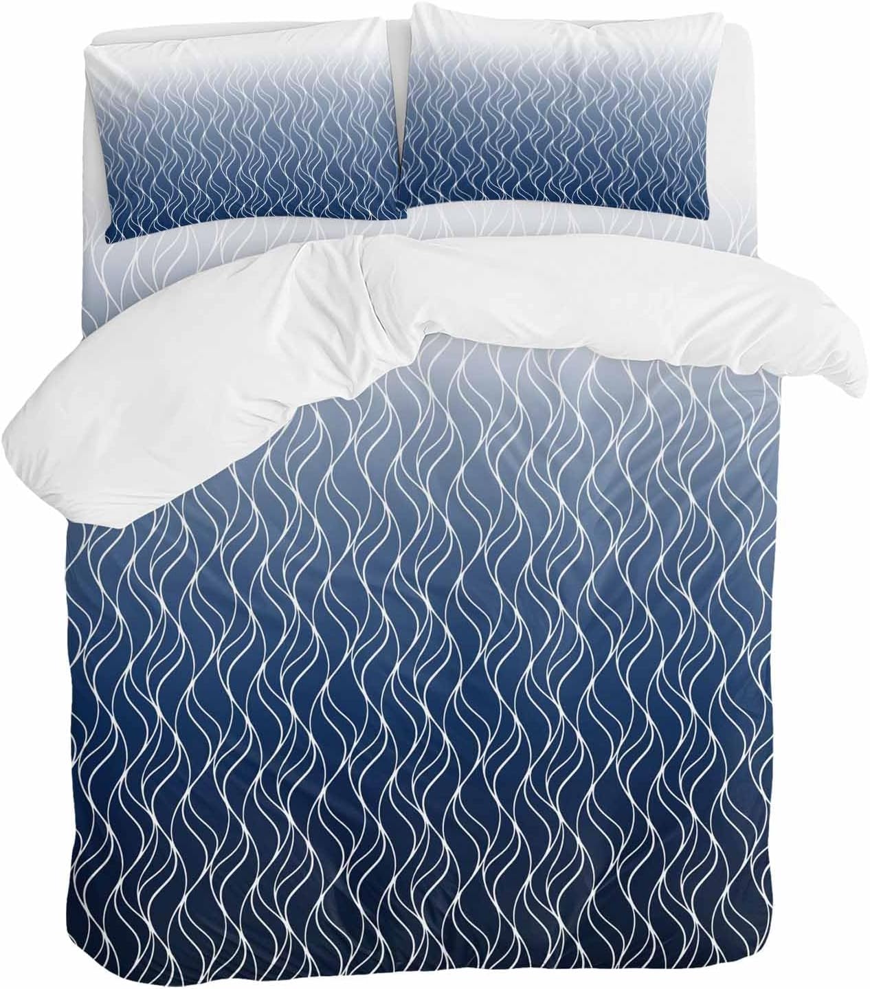 Prime Leader Gradient Navy Blue Duvet Cover Set Queen Size 4 Pieces Abstract Morocco Blue Curved Lines Bedding Set with Zipper Closure, 1 Comforter Cover 90x92 Inches 1 Flat Sheet & 2 Pillow Cases