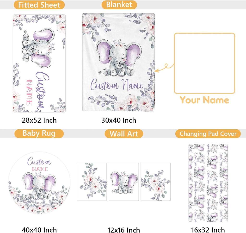 Terwex Personalized Baby Crib Bedding Set, 5 Pcs Custom Name Nursery Bedding Set, Purple Elephants Baby Bedding Set for Girls Boys, Double Layer Baby Crib Sets, Customized Gifts for Toddlers Infants