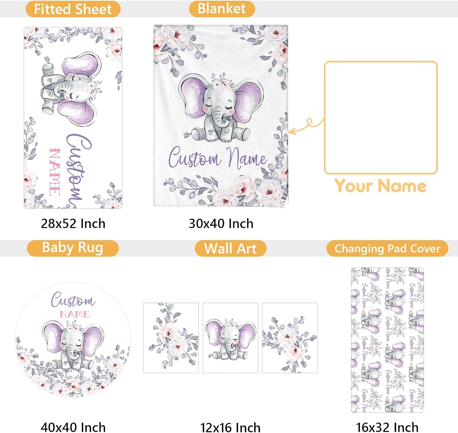 Terwex Personalized Baby Crib Bedding Set, 5 Pcs Custom Name Nursery Bedding Set, Purple Elephants Baby Bedding Set for Girls Boys, Double Layer Baby Crib Sets, Customized Gifts for Toddlers Infants