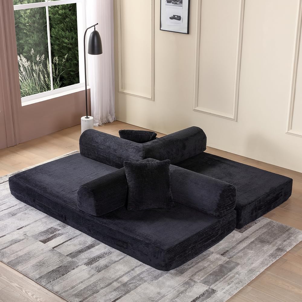 WILLIAMSPACE 77.9' Modern Loveseat Sofa Fold-Out Sofa Bed, Convertible Chair Floor Couch with Removable Backrest, Comfy Sofa Folding Mattress Couch Bed for Living Room, Bedroom, Corduroy, Black