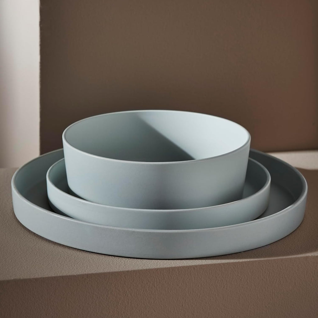 Stone by Mercer Project MODAN 24-Piece Stoneware Dinnerware Set, Plates and Bowls Sets, Dish Set for 8, Blue-Grey