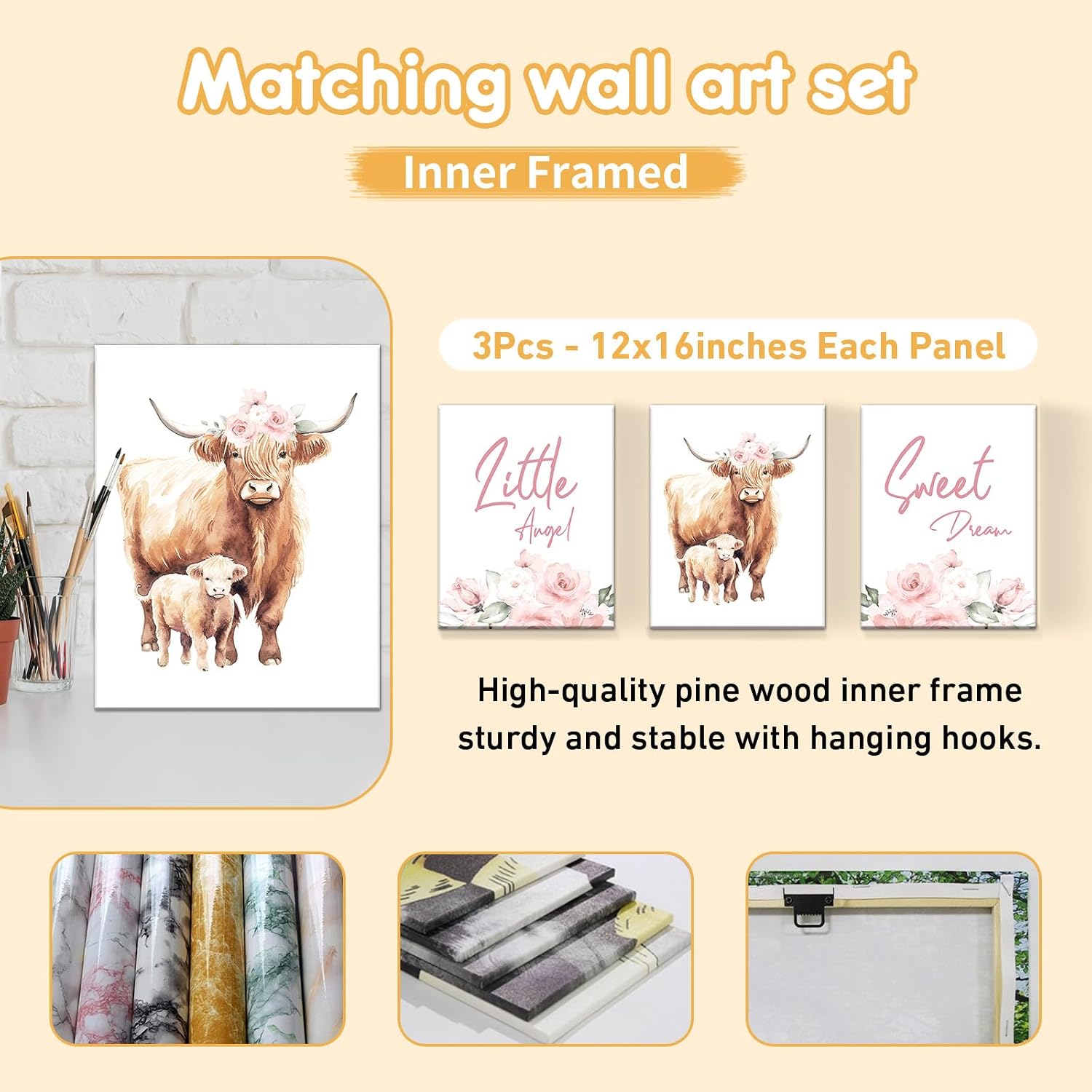 Terwex Personalized Baby Crib Bedding Set, 5 Pcs Custom Name Nursery Bedding Set, Pink Highland Cow Baby Bedding Set for Girl, Double Layer Baby Crib Sets, Customized Gifts for Toddlers Kids Infants
