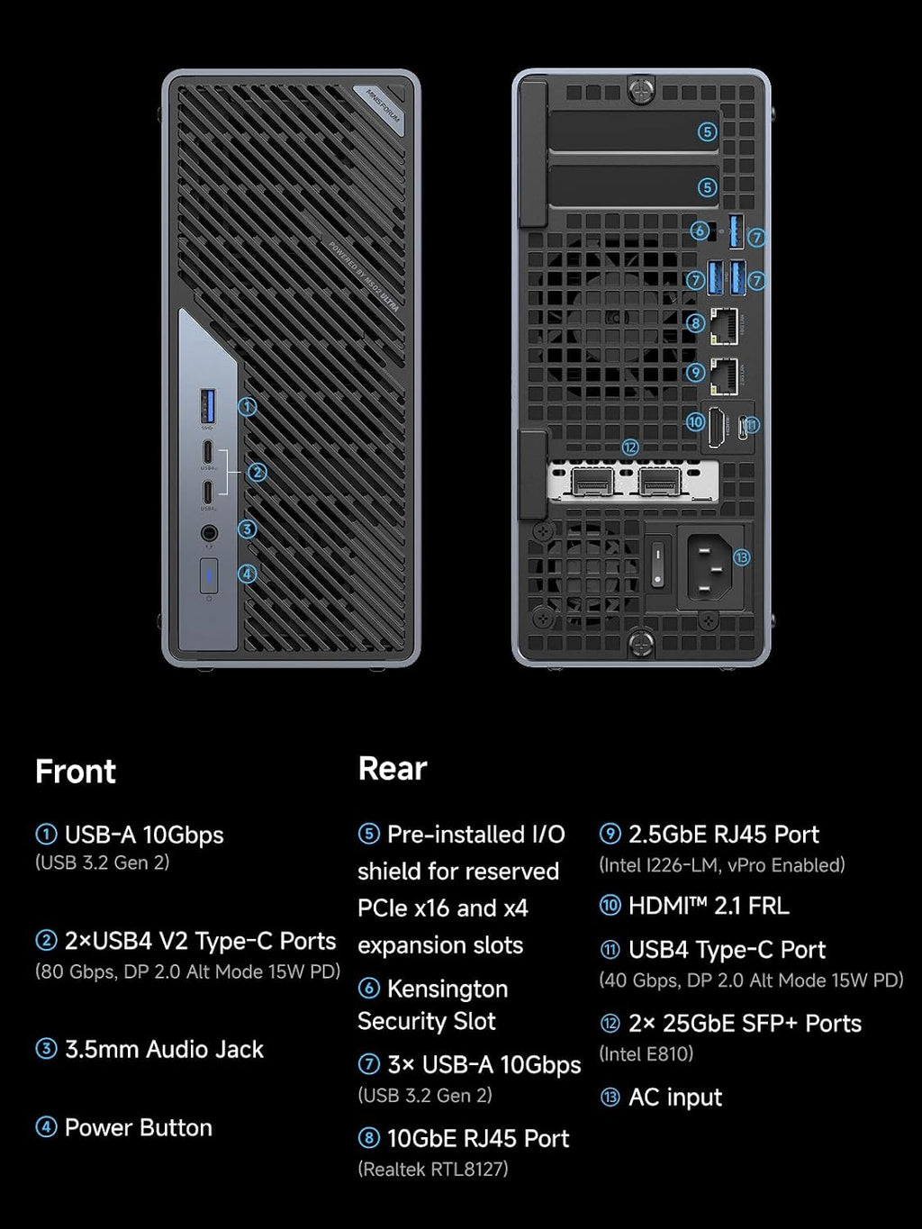MINISFORUM MS-02 Ultra Workstation Core Ultra 9 285HX(24C/24T) 32GB RAM 1TB SSD Mini PC, HDMI|USB4|2xUSB4 V2 Output, 4xDDR5 SODIMM Slot, 4xSSD Slot, 2x25G SFP+, 1x10G RJ45, 1x2.5G RJ45 Port, WiFi7 PC