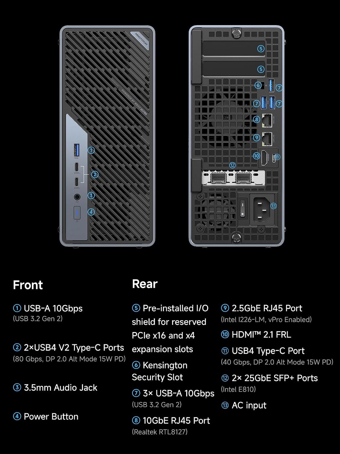 MINISFORUM MS-02 Ultra Workstation Core Ultra 9 285HX(24C/24T) Barebone Mini PC, HDMI|USB4|2xUSB4 V2 Output, 4x DDR5 SO-DIMM Slot, 4x SSD Slot, 2x25G SFP+, 1x10G RJ45, 1x2.5G RJ45 Port, WiFi7/BT5.4 PC