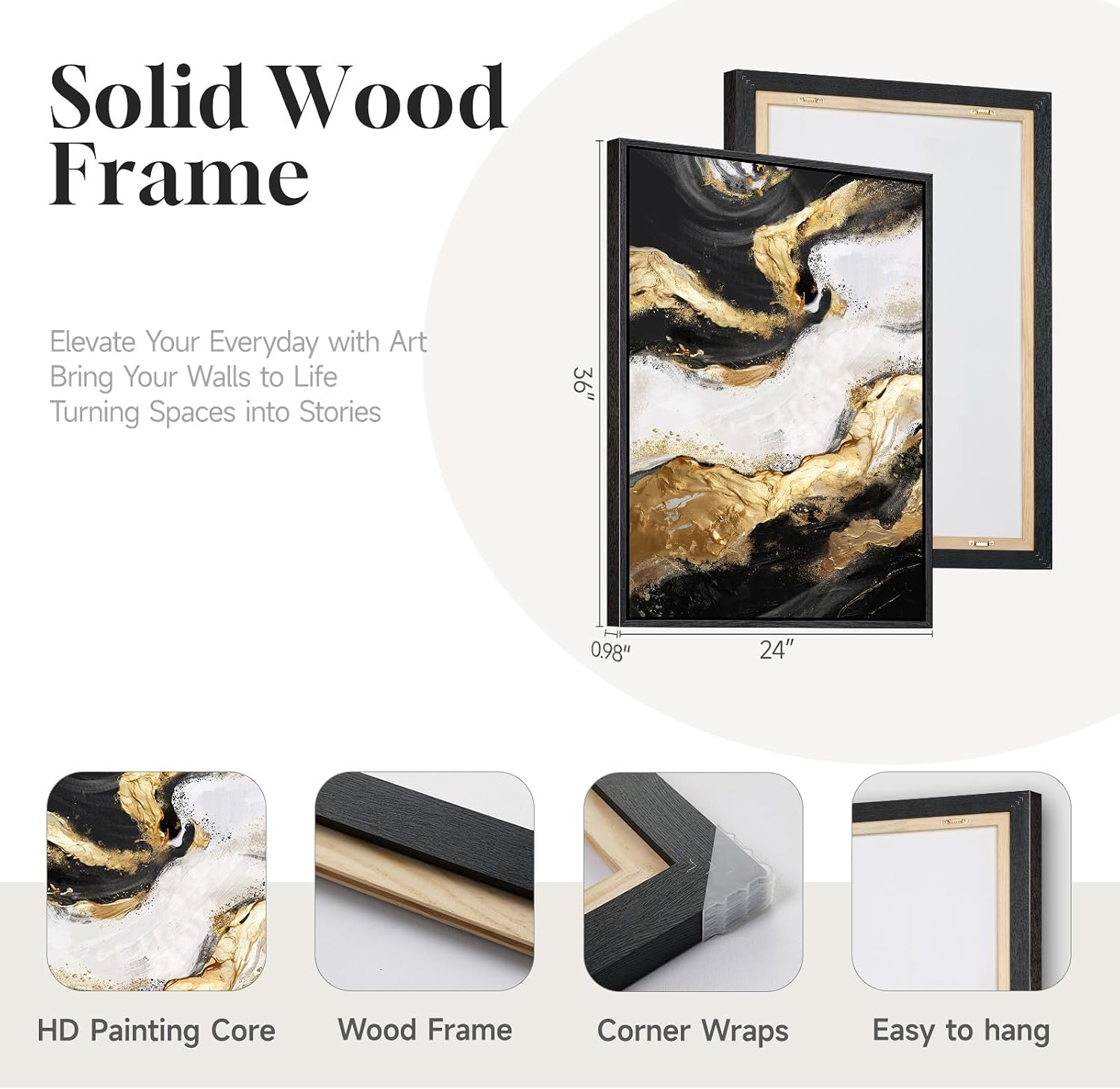 Framed Gold Abstract Wall Art Set of 2 for Living Room, Large Black White Modern Luxury Canvas Artwork for Walls, Contemporary Flow Marble Motifs Painting Print Wall Decor for Bedroom Office, 24x36 In