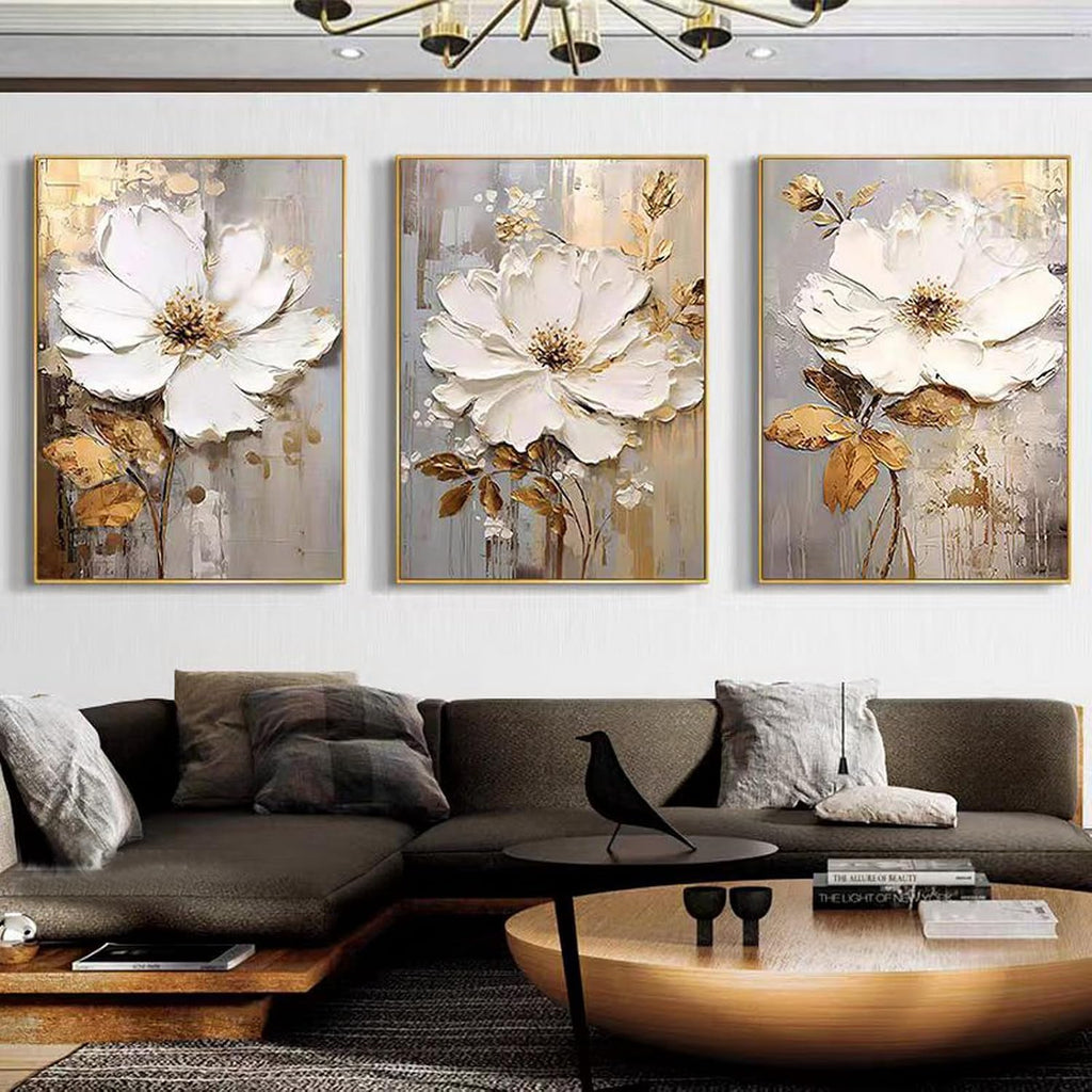 3 Piece Framed Canvas Wall Art for Living Room, Textured White Floral Abstract Oil Painting with Gold Frame, Modern Luxury Flower Wall Decor for Bedroom Office, Each Panel 20x28 Inches