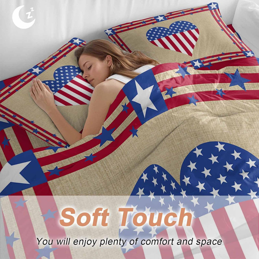 Prime Leader Happy 4th Duvet Cover Set Queen Size 4 Pieces of July USA Flag Love Heart Retro Linen Bedding Set with Zipper Closure, 1 Comforter Cover 86x86 Inches 1 Flat Sheet & 2 Pillow Cases