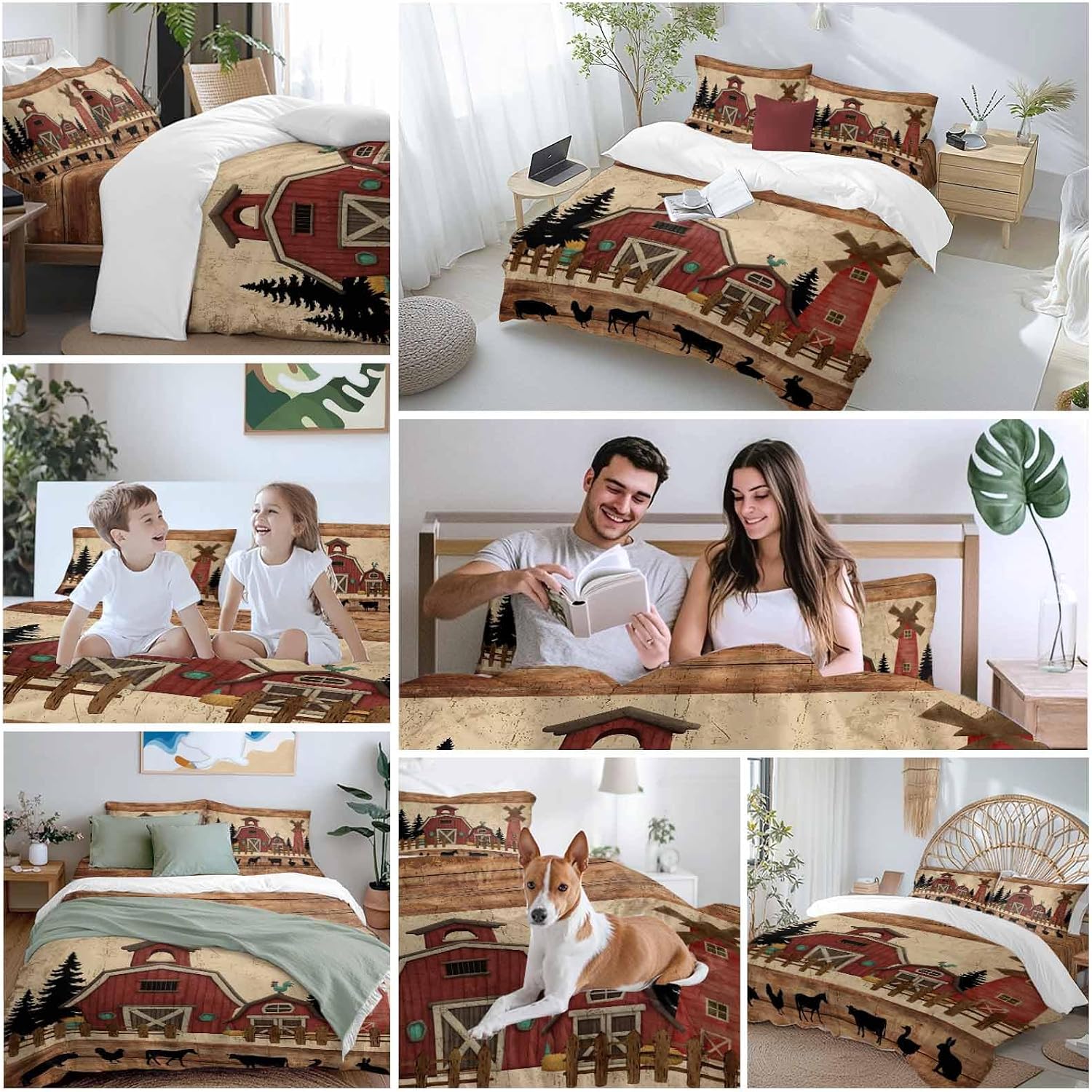 Red Farmhouse Duvet Cover Set Queen Size 4 Pieces Country Farm Barn Cow Pig Chicken Fence Tree Wood Grain Bedding Set with Zipper Closure, 1 Comforter Cover 92x106 Inches 1 Flat Sheet & 2 Pillow Cases