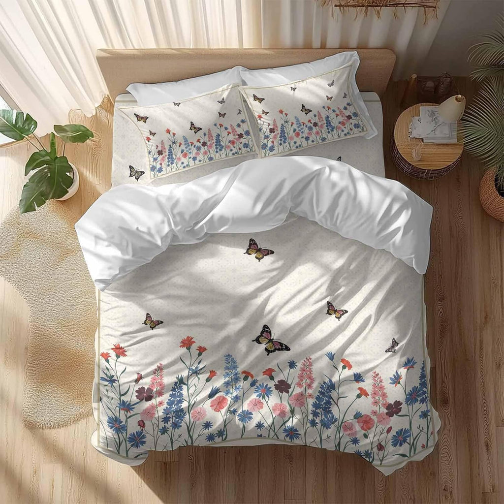 Spring Florals Duvet Cover Set Queen Size 4 Pieces Vintage Pink Blue Flower Butterflies Plants Bedding Set with Zipper Closure, 1 Comforter Cover 92x106 Inches 1 Flat Sheet & 2 Pillow Cases