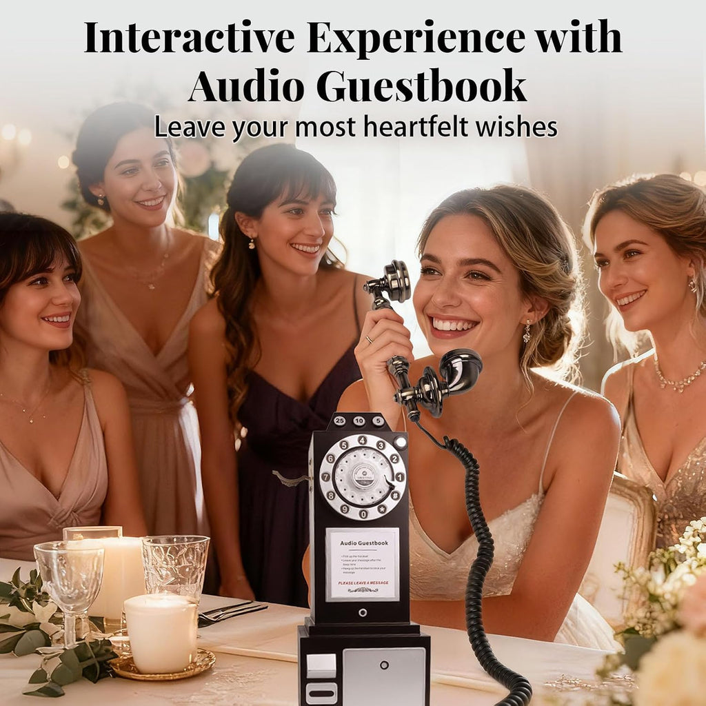 Audio Guest Book Wedding Phone with Vintage Design, Record Customized Audio Message Guest Book for Wedding, Party and Gathering, Black