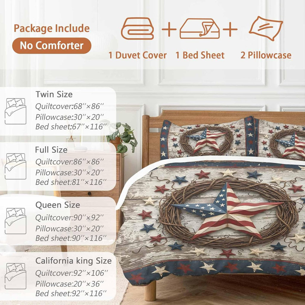 Independence Day Duvet Cover Set Queen Size 4 Pieces Usa Flag Stars Vine Wreath Rustic Wood Grain Bedding Set with Zipper Closure, 1 Comforter Cover 90x92 Inches 1 Flat Sheet & 2 Pillow Cases