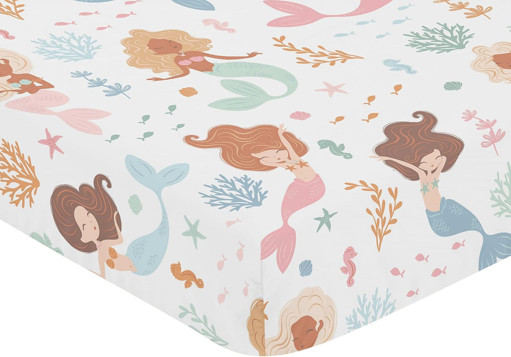 Sweet Jojo Designs Ocean Mermaids Girl Baby Crib Bedding Set Nursery Room Blanket Fitted Sheet Skirt Diaper Stacker 4p Pink Teal Under the Sea Underwater Theme Fairytale Fish Colorful Coral Reef Blue
