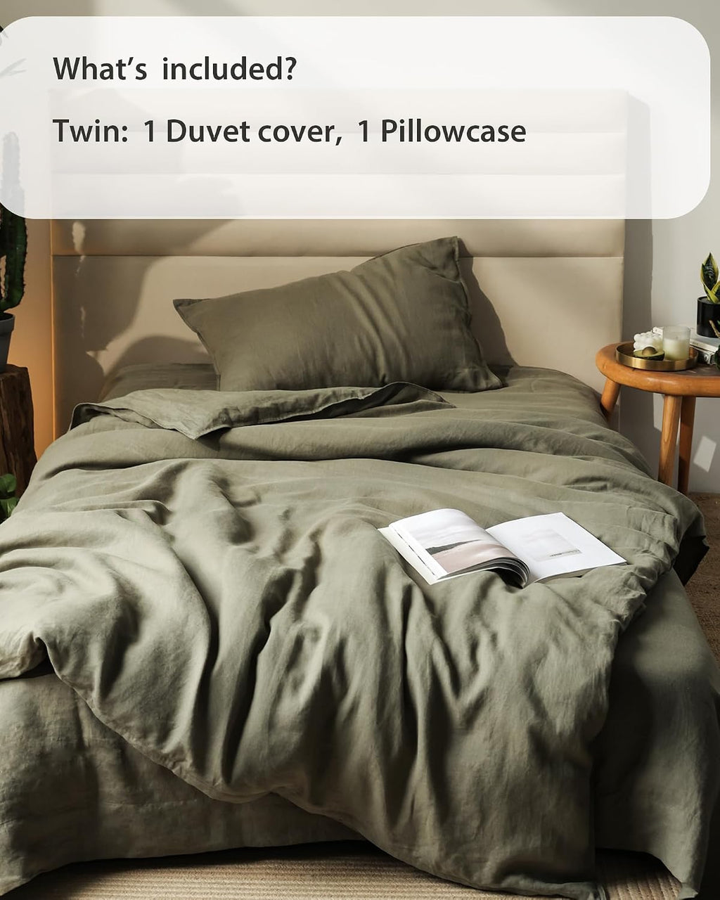 XZ XIFA Olive Green Linen Duvet Cover Twin, 100% Washed French Flax Linen Bedding Set with Zipper Closure, Cooling & Textured Bed Sets for Hot Sleepers(1 Duvet Cover, 1 Pillowcases)