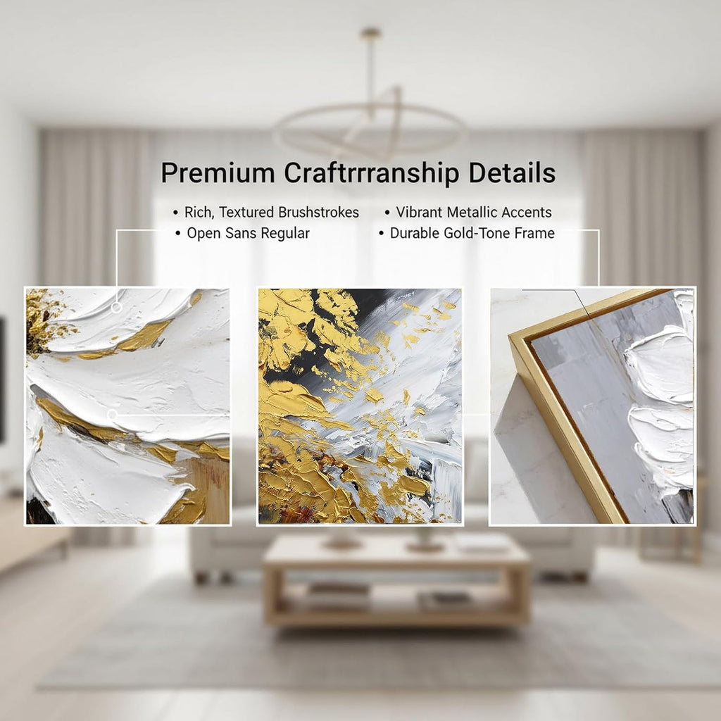 3 Pcs Hand-Painted Floral Canvas Wall Art for Living Room | 3D Textured Abstract White Flower Paintings with Gold Frames for Bedroom | Ready to Hang Modern Luxury Wall Decor for Office (24x64 Inches)