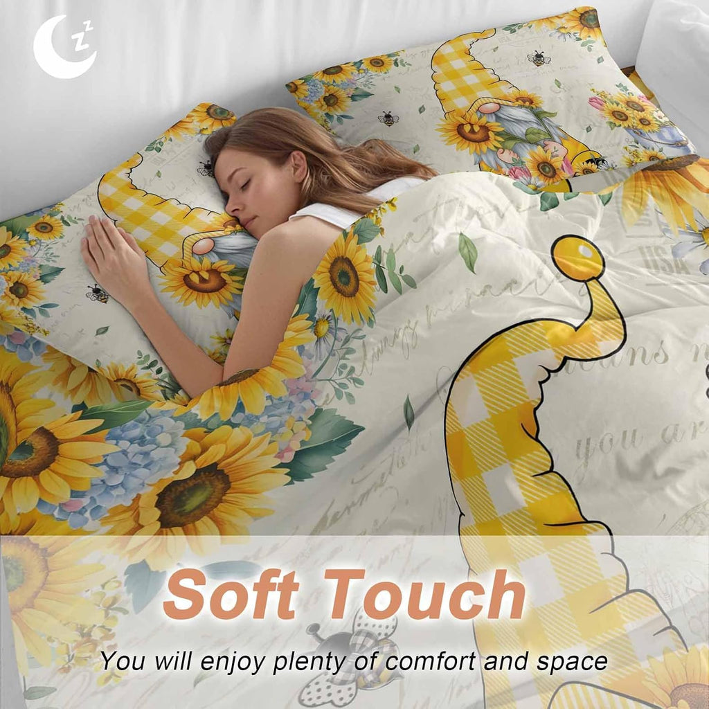 Prime Leader Sunflower Gnome Duvet Cover Set Queen Size 4 Pieces Bee Yellow Flower Leaf Spring Plant Farm Bedding Set with Zipper Closure, 1 Comforter Cover 86x86 Inches 1 Flat Sheet & 2 Pillow Cases