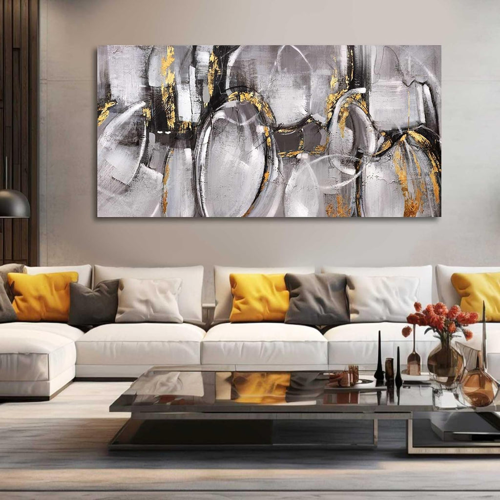 XIANSHOU Black and Grey Painting Pictures Abstract Wall Decor for Office 29'x 58' Modern Artwork Gold Foil Wall Art for Living Room Dining Room Bedroom