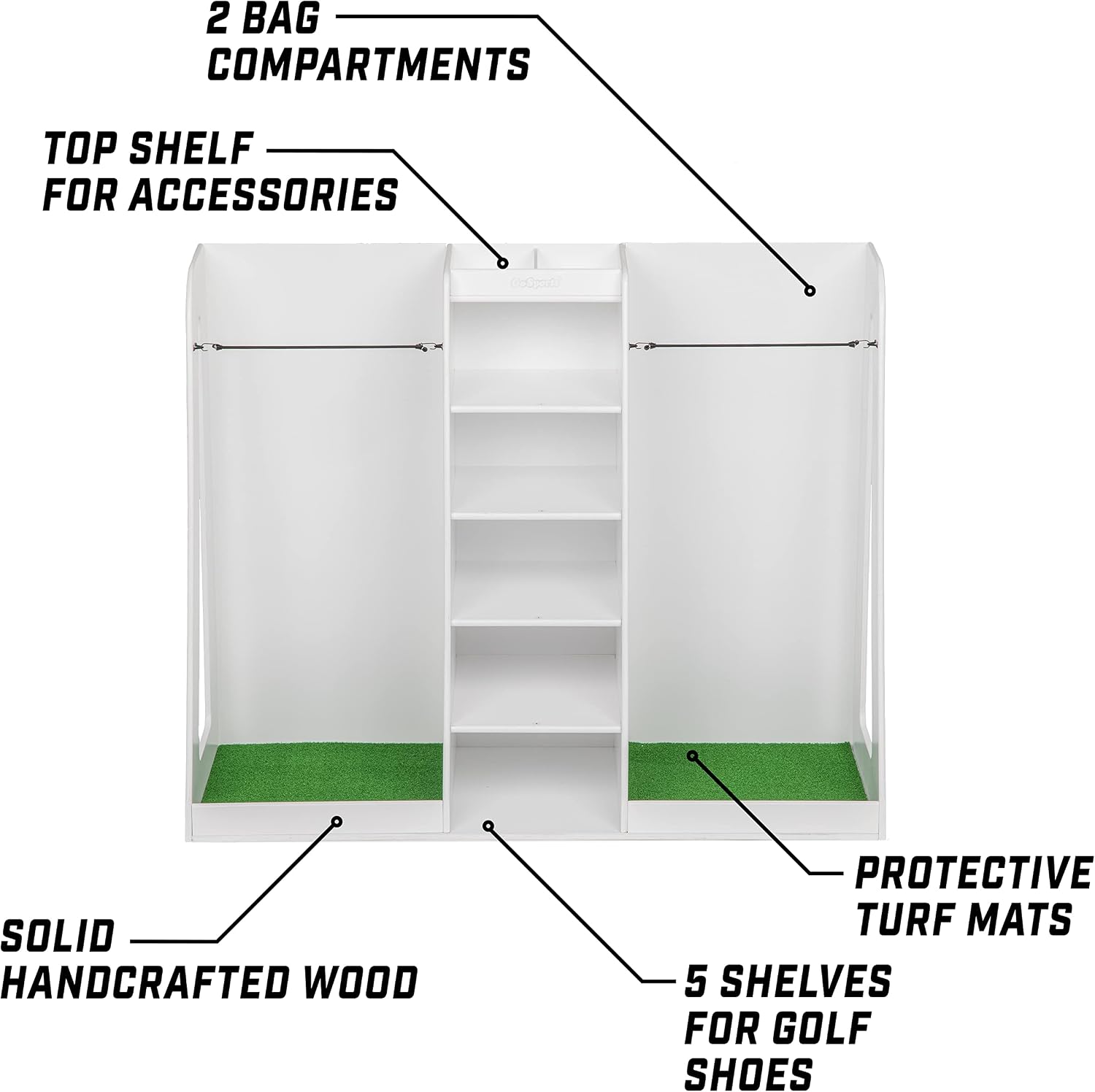 GoSports Premium Wooden Golf Bag Organizer and Storage Rack - Black, White or Brown Finish - Holds 2 Golf Bags