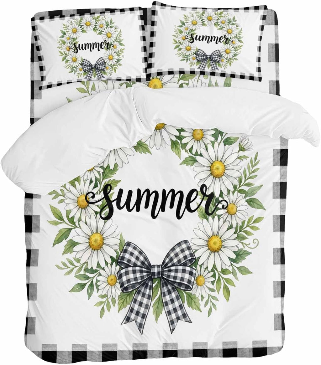 Prime Leader White Flowers Duvet Cover Set Queen Size 4 Pieces Daisy Plaid Bow Green Leaf Summer Striped Bedding Set with Zipper Closure, 1 Comforter Cover 90x92 Inches 1 Flat Sheet & 2 Pillow Cases