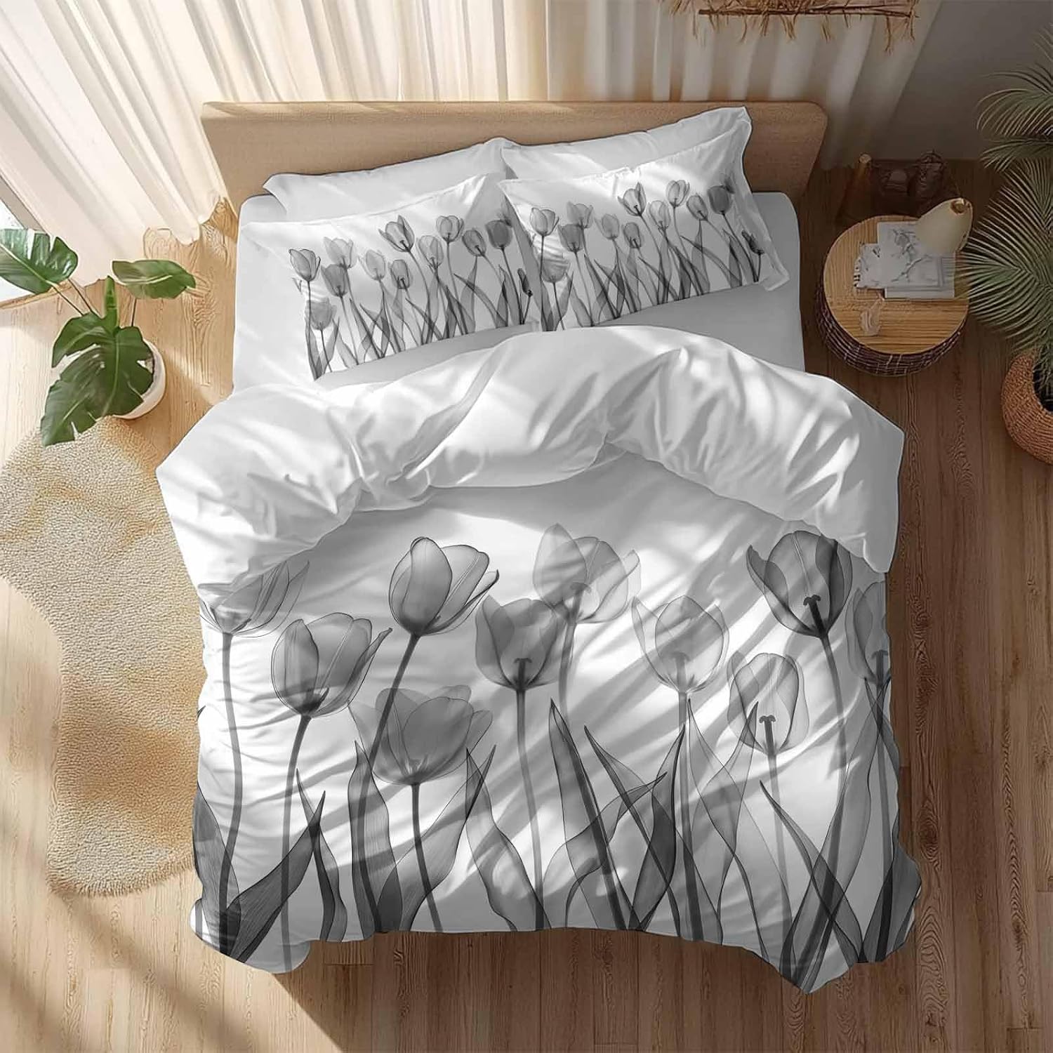 Prime Leader Spring Floral Duvet Cover Set Queen Size 4 Pieces Watercolor Black Tulip Flowers Pattern Bedding Set with Zipper Closure, 1 Comforter Cover 90x92 Inches 1 Flat Sheet & 2 Pillow Cases