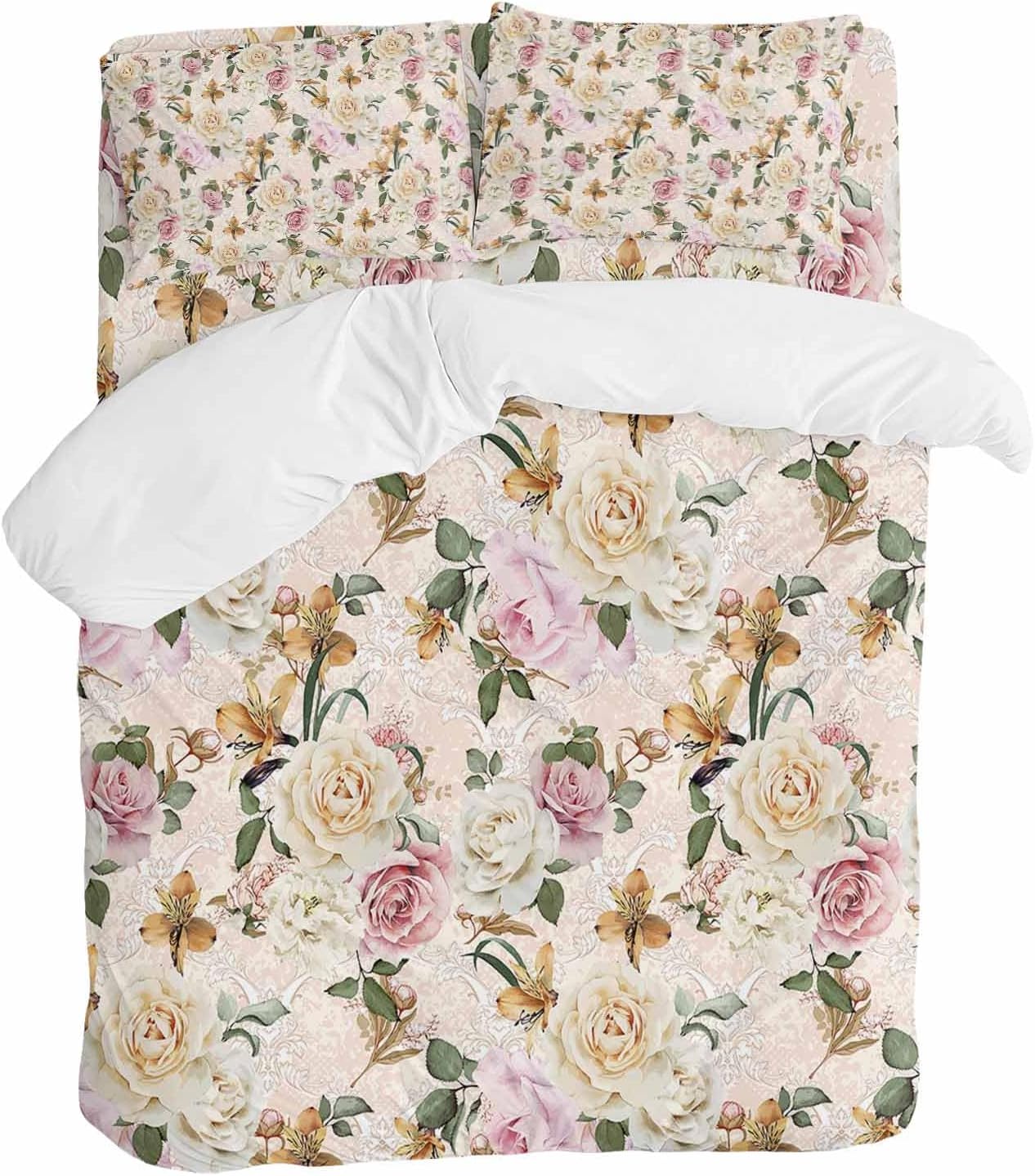 Prime Leader Floral Spring Duvet Cover Set Queen Size 4 Pieces Flower Retro Texture Bedding Set with Zipper Closure, 1 Comforter Cover 86x86 Inches 1 Flat Sheet & 2 Pillow Cases