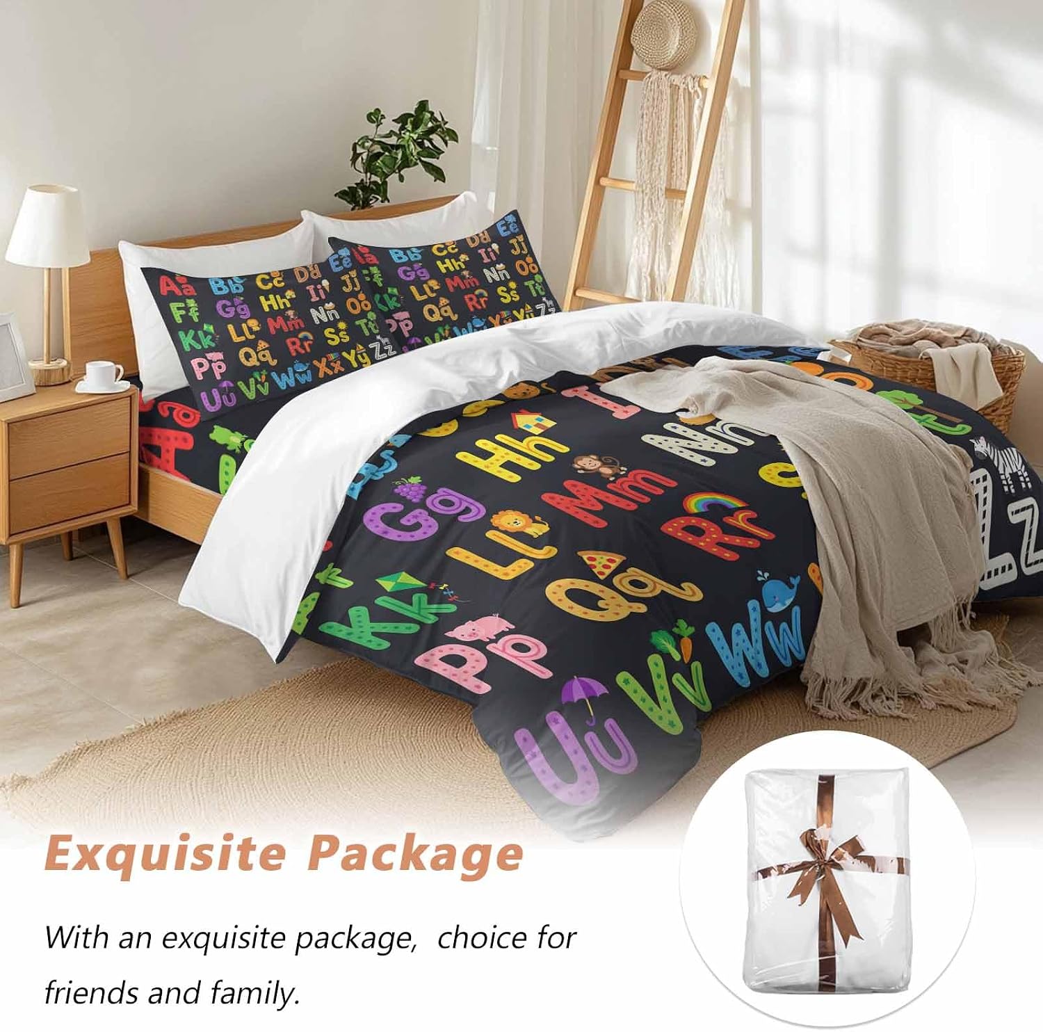Alphabet Duvet Cover Set Queen Size 4 Pieces American Cartoon Early Education Alphabet Minimalist Mural Bedding Set with Zipper Closure, 1 Comforter Cover 86x86 Inches 1 Flat Sheet & 2 Pillow Cases