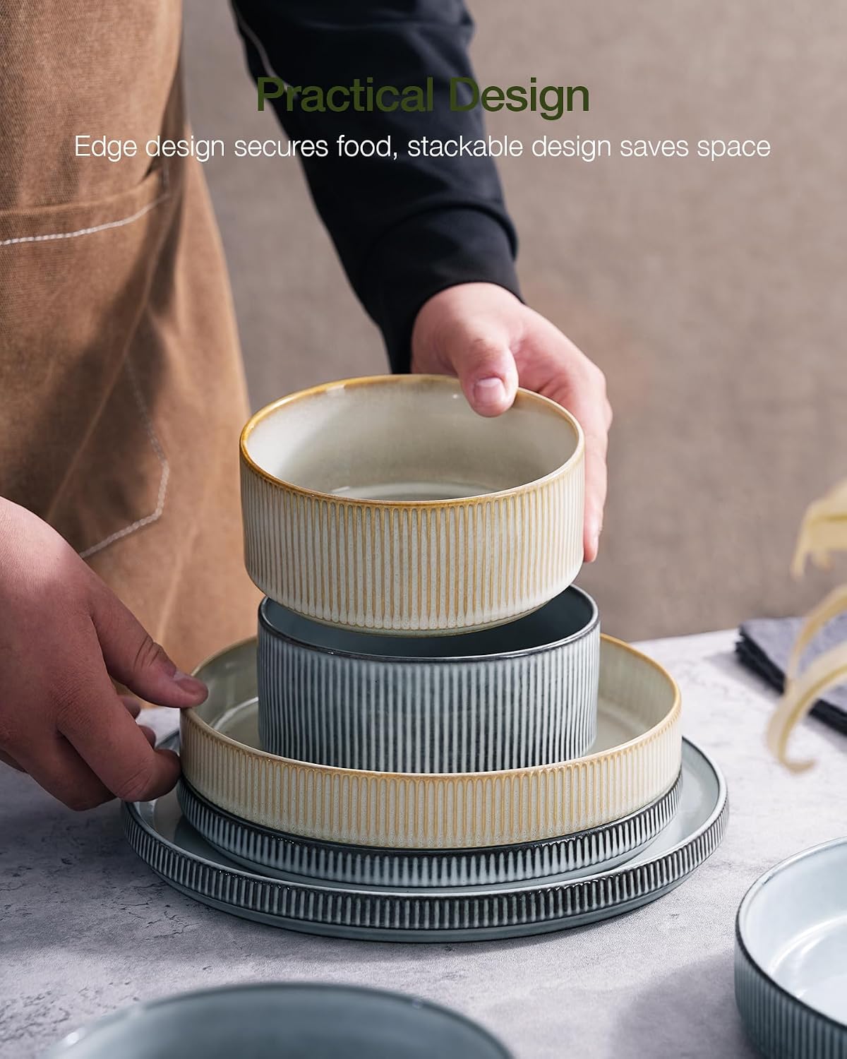 Famiware Star 24-Piece Plates and Bowls Set with Trim, Service for 8 - Stoneware Reactive Glaze Dinnerware, High Edge Ribbed Dishes, Chip & Scratch Resistant, Microwave & Dishwasher Safe, White & Blue