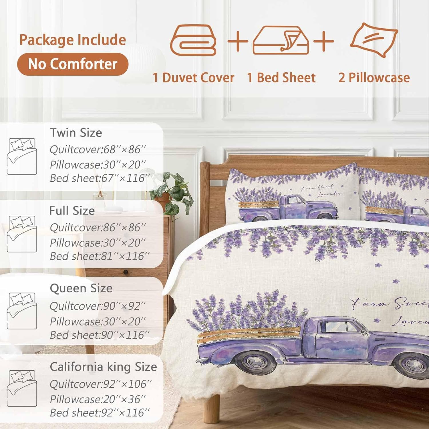 Purple Floral Duvet Cover Set Queen Size 4 Pieces Farm Sweet Lavender Truck Rustic Linen Texture Bedding Set with Zipper Closure, 1 Comforter Cover 86x86 Inches 1 Flat Sheet & 2 Pillow Cases
