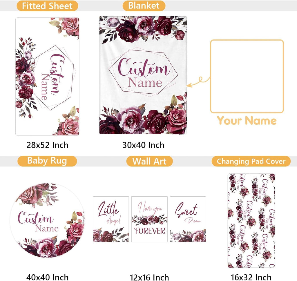 Terwex Personalized Crib Bedding Set, 5 Pcs Custom Nursery Bedding Sets with Name, Infant Bedding Set for Baby Girls, Purple Flower Double Layer Baby Crib Set, Babies Toddlers Kids Customized Gifts