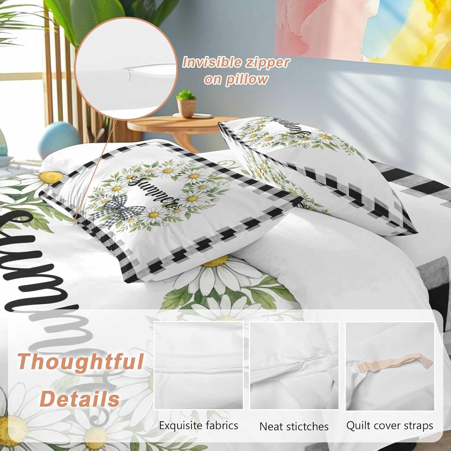 Prime Leader White Flowers Duvet Cover Set Queen Size 4 Pieces Daisy Plaid Bow Green Leaf Summer Striped Bedding Set with Zipper Closure, 1 Comforter Cover 90x92 Inches 1 Flat Sheet & 2 Pillow Cases