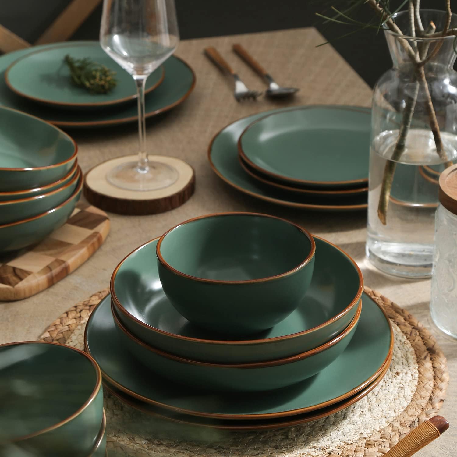 Stone Lain Brasa Stoneware 32 Piece Modern Dinnerware Sets, Plates and Bowls, Service for 8, Green, Microwave & Dishwasher Safe