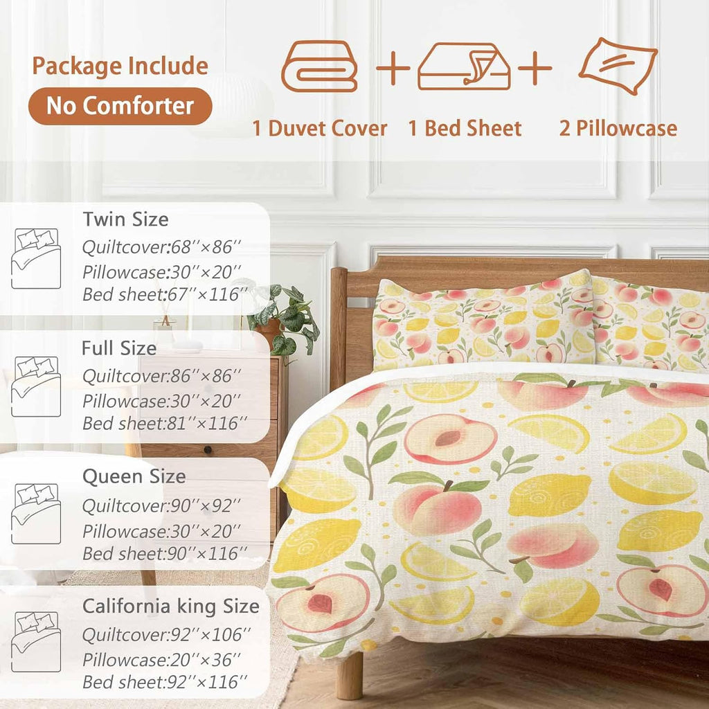 Prime Leader Fruit Leaves Duvet Cover Set Queen Size 4 Pieces Pink Peaches Yellow Lemons Vintage Linen Bedding Set with Zipper Closure, 1 Comforter Cover 90x92 Inches 1 Flat Sheet & 2 Pillow Cases