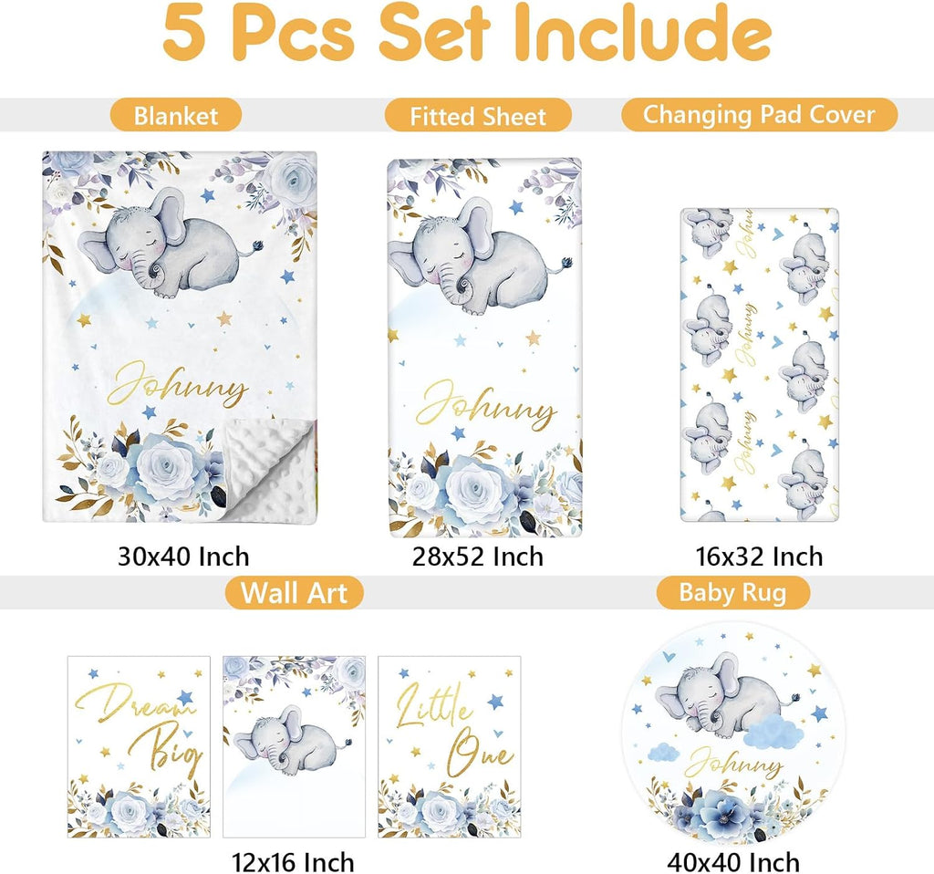 Terwex Custom Baby Crib Bedding Set, 5 Pcs Personalized Name Baby Crib Sets for Infant Toddler, Blue Elephant Nursery Bedding Set for Boy Girl, Double Layer Flannel Baby Bedding Sets Customized Gifts