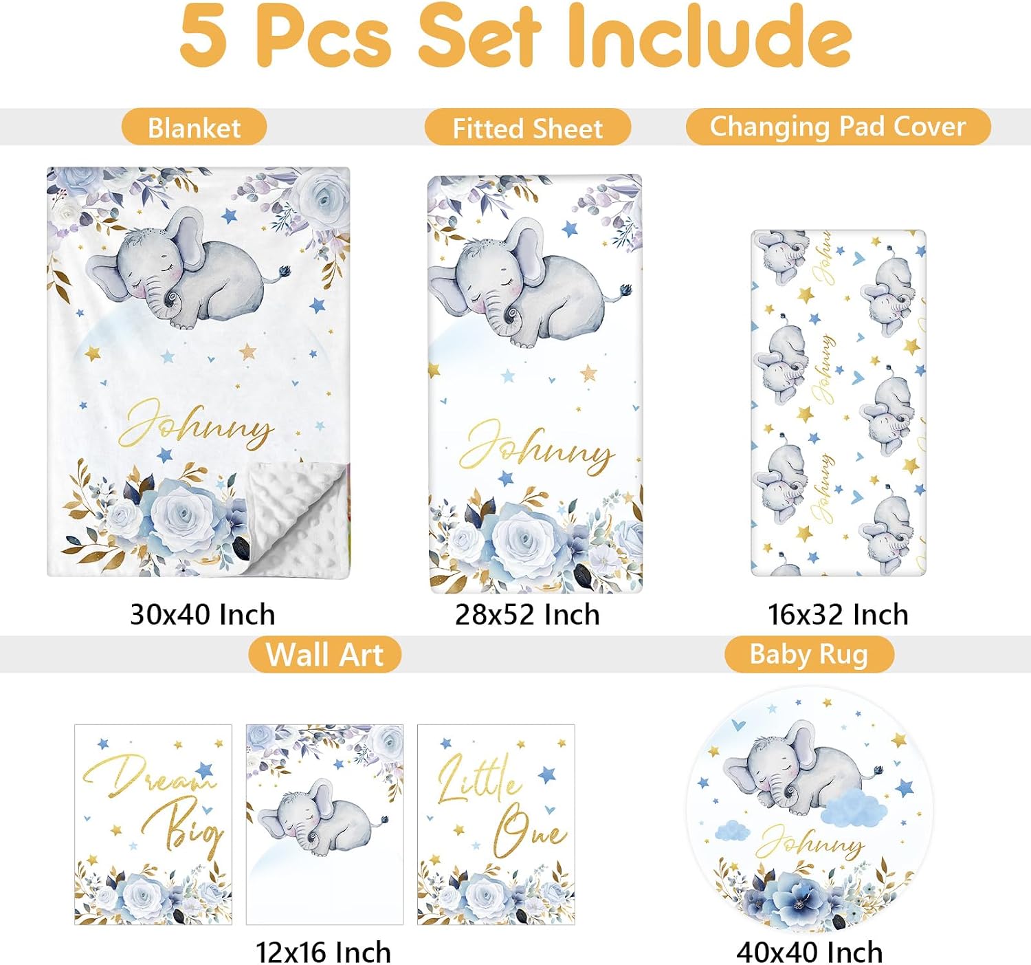 Terwex Custom Baby Crib Bedding Set, 5 Pcs Personalized Name Baby Crib Sets for Infant Toddler, Blue Elephant Nursery Bedding Set for Boy Girl, Double Layer Flannel Baby Bedding Sets Customized Gifts