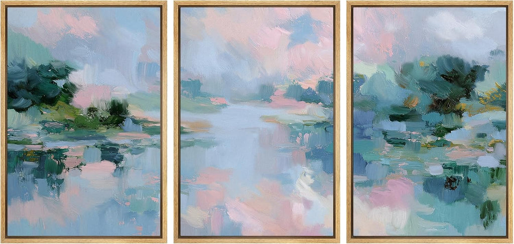 SIGNLEADER Framed Canvas Print Wall Art Set Soft Pastel Lake Landscape Illustrations Minimal Decorative Bohemian Nordic for Living Room, Bedroom, Office - 24'x36'x3 NATURAL